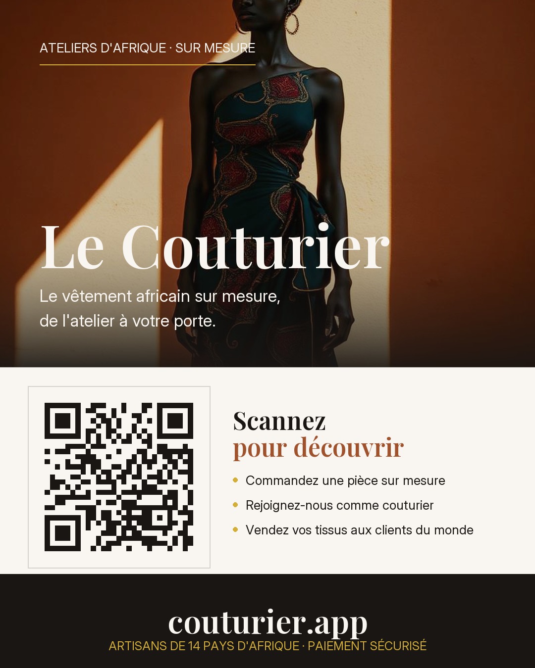 Affiche de partage Le Couturier : robe sur mesure, QR code et adresse couturier.app