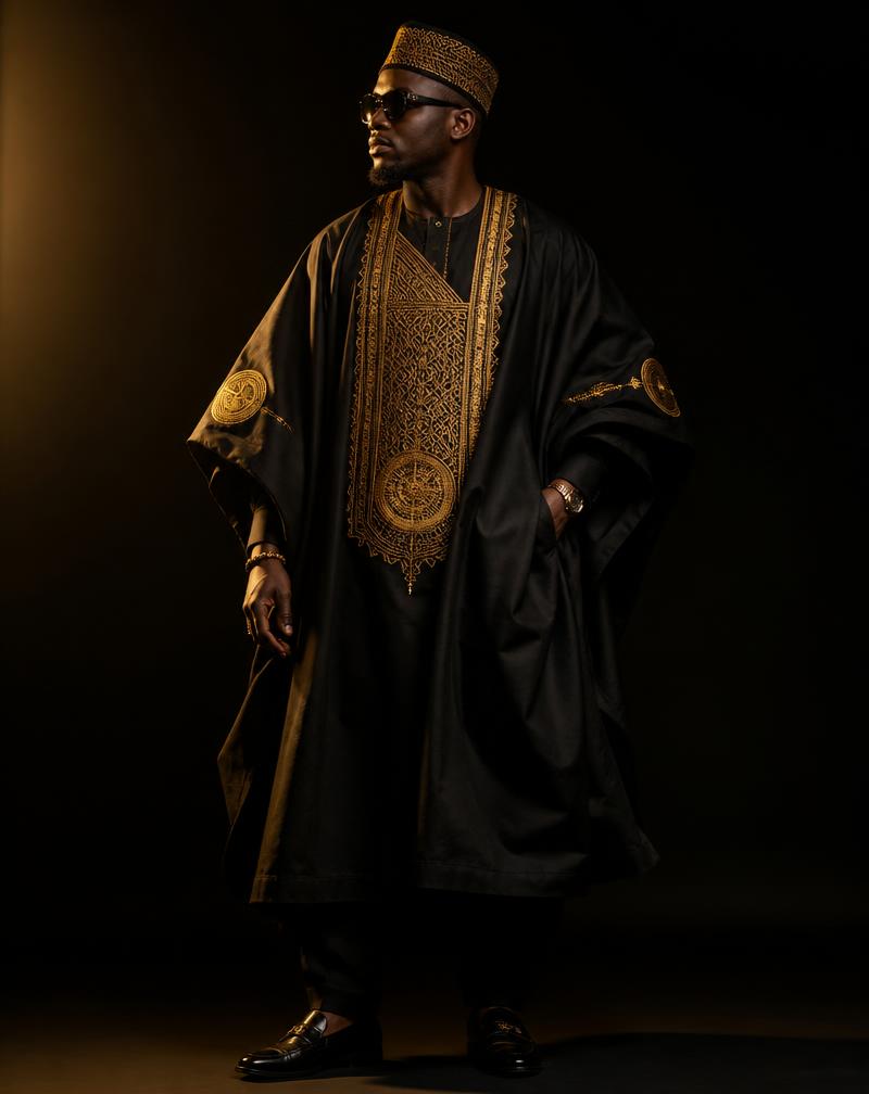 Agbada noir à broderies dorées porté par un mannequin
