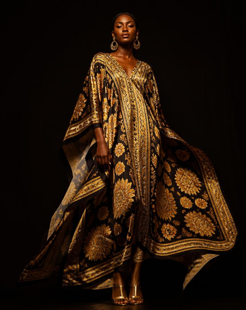 Kaftan en soie à motifs dorés porté par une mannequin