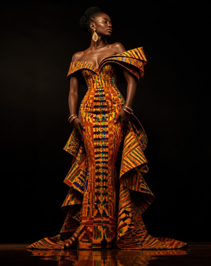 Robe de gala en Kente tissé porté par une mannequin
